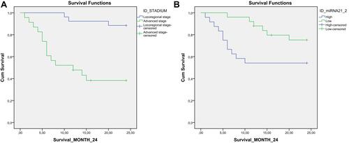 Figure 2 (A) Two-year survival rate based on cancer stage. (B) Two-year survival rate based on miRNA-21.