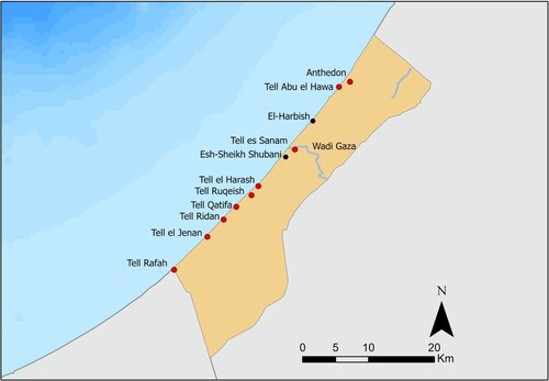 Figure 16. Map of coastal archaeological sites in the Gaza Strip (produced on ArcGIS Pro).