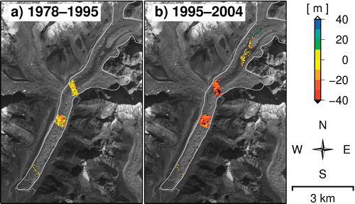 FIGURE 7 DEM differentiation during (a) 1978–1995, and (b) 1995–2004 at 30 m resolution. Thin white line denotes the outline of Khumbu Glacier. The background image is an ASTER image for November 2004.