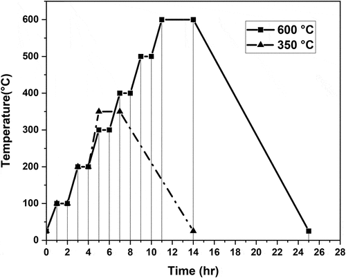 Figure 3. Ramps of temperature for every heat treatment (350 and 600 °C).