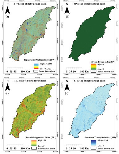 Figure 11. Maps showing the values of the topo-hydrological indices within the study area, (a) topographic wetness index (TWI), (b) stream power index (SPI), (c) terrain ruggedness index (TRI), and (d) sediment transport index (STI).