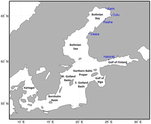 Figure 4.5.1. Seas and locations of tidal gauge stations in the study area of Baltic Sea.