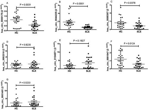 Figure 1. Screening of differentially-expressed circRNA in plasma samples from 22 patients with SLE and 22 HC subjects. Expression levels of (A) hsa_circ_0000175 [Student’s t-test], (B) hsa_circ_0044235 [Mann–Whitney U-test], and (C) hsa_circ_0068367 [Mann–Whitney] were significantly down-regulated in patients with SLE (compared with those noted in HC subjects). (D) Expression levels of hsa_circ_0002316 exhibited no significant differences between patients with SLE and HC subjects (Mann–Whitney). (E) Expression levels of hsa_circ_0104871 exhibited no significant differences between patients with SLE and HC subjects (Mann–Whitney test). (F) Expression levels of hsa_circ_0001947 were significantly down-regulated in patients with SLE compared with those noted in HC subjects (Mann–Whitney). (G) No differences in hsa_circ_0001481 expression levels between SLE and HC subjects (Student’s t-test). circRNA/circ = circular RNA. HC = healthy control. SLE = systemic lupus erythematosus.