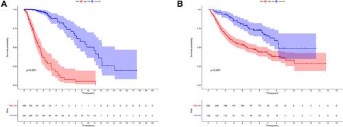 Figure 3 Kaplan–Meier survival analyses of LGG cases between high- and low-RS groups. (A) Kaplan–Meier survival analyses of patients in the training data set. (B) Kaplan–Meier survival analyses of patients in the validation data set.