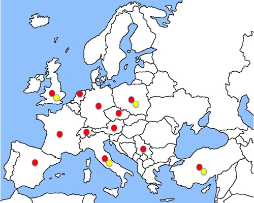 Figure 1. Dermanyssosis cases in Europe (red dots: urban cases; yellow dots: occupational cases). (Colour online)