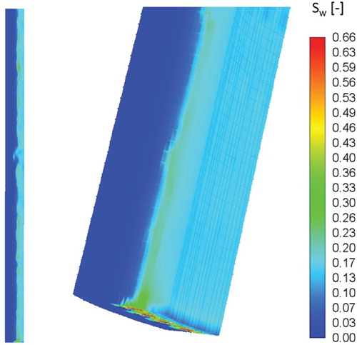 Figure 13. Steady-state oil saturation on a vertical plane section through the filter (left-hand side) and detailed 3d view (right-hand side) of the lower end of the filter above the capillary fringe. The CFD simulation was carried through at a volumetric flux of 750m3/h.