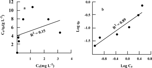 Figure 2 Hg(II) sorption isotherms based on the (a) Langmuir and (b) Freundlich models, using calcic montmorillonite (temperature 25 °C; pH = 6).