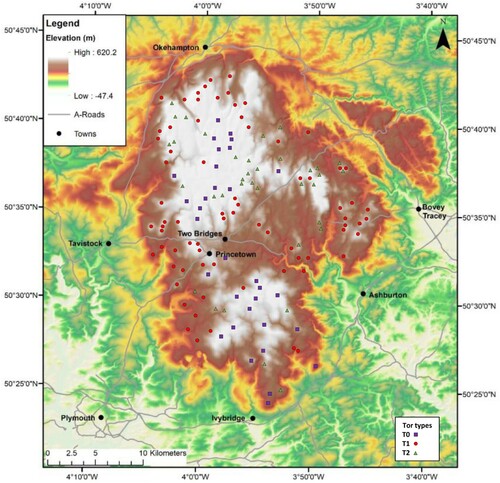 Figure 15. The spatial distribution of tor types across Dartmoor using the classification scheme of Evans et al. (Citation2012) and combining their data with the results of this study.