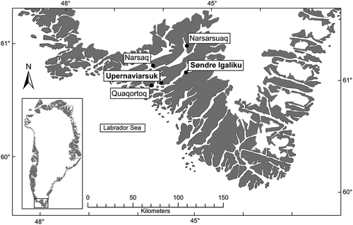 Figure 1. Study area and sampling sites (bold) in South Greenland.