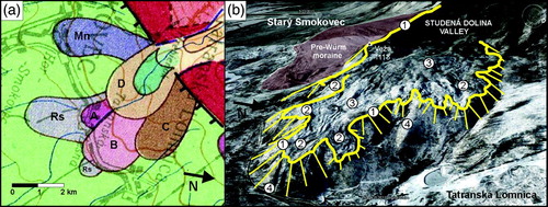 Figure 5. Studená Valley morainic amphitheater. A. Schematic map by Lukniš (Citation1968 – a part of the map, which supplements a detailed geomorphological map at a scale of 1:50 000). The map shows complex chronology of repeated glacial advances during the last glaciation (Würm) stadial oscillations: A (Rakytovec), B (Stosy), C (Tatranská Lomnica), D (Veza); penultimate glaciation Rs (Riss); and oldest glaciation Mn (Mindel). B. Perspective view of the Studená Valley morainic amphitheater with highlighted geometry of the latero-frontal dump moraine complex formed by a debris-covered glacier (Google Earth ®, vertical scale two times exaggerated; image: Digital Globe): 1 – latero-frontal dump moraines, 2 – secondary morainic lobes, 3 – hummocky moraine, 4 – abandoned outwash channels on moraine slope.