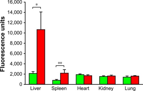 Figure 4 Fluorescence intensity of whole organs isolated following study termination.Notes: Green bars represent animals treated with vehicle (PBS) that served as controls, and red bars represent FNDP-(NV)-treated rats. Error bars represent SD for n=6. *P<0.001, **P<0.01 compared to the control group by two-tailed Student’s t-test.Abbreviations: FNDP-(NV), fluorescence nanodiamond particles with NV active centers; IVIS, in vivo imaging system.
