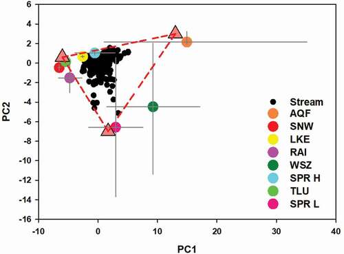 Figure 5. Projection in the two-dimensional space presenting all stream samples, together with the average values of the a priori considered potential end members. Error bars are the standard deviations. Triangles represent the positions of the final proposed end members