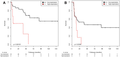 Figure 2 Kaplan-Meier analysis of FGFR3 mRNA expression regarding RFS in patients who received no postoperative instillation (A) and patients with postoperative instillation (B).