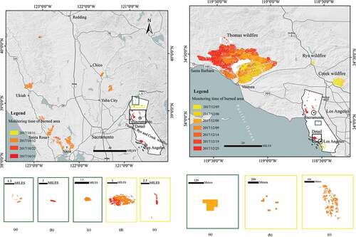 Figure 6. The spatial distribution and monitoring time of BAs in (a) northern and (b) southern California. (a) and (b) show the detected BAs of northern and southern California wildfires, respectively. The top panels display the zoom-in BAs in black rectangles in the insets for the entire California. The bottom panels display the zoom-in BAs in the green and yellow rectangles in the insets for the entire California shown in the top right of the top panels. The detected BAs at different times are rendered in different colors from yellow to red.