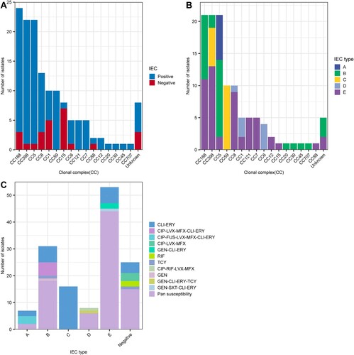 Figure 5. Relationship between CCs, IEC, and antimicrobial resistance phenotypes among 129 MSSA-PENS-blaZnegative strains. (A) Distribution of IEC among different CCs identified in 129 MSSA-PENS isolates. (B) Distribution of different IEC types among different CCs. (C) Different antimicrobial resistance phenotypes among different IEC types among 129 MSSA-PENS-blaZnegative strains.