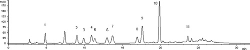 Figure 1 HPLC chromatogram of standard biogenic amines. Peak identification - 1: methylamine; 2: putrescine; 3: cadaverine; 4: tryptamine; 5: 2-phenylethylamine; 6: spermidine; 7: 1,7-diaminoheptane (IS); 8: spermine; 9: histamine; 10: tyramine; 11: agmatine.