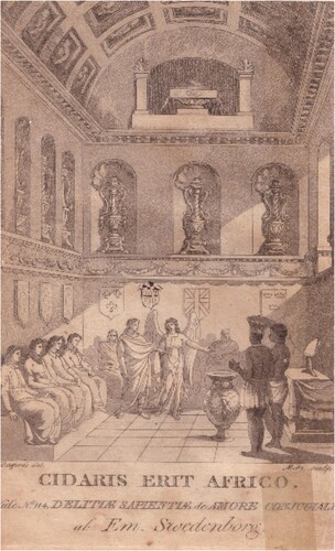 Figure 4. Engraving from the first English edition (1790) of Swedenborg’s De Amore Conjugiali (Amsterdam, 1768), in which African spirits educate Europeans on the nature of true marital love (§113) with the quote “Cidaris erit Africo” (“The tiara shall go to the African”). The Swedenborg Society, London.