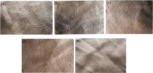 Figure 12. Surface images of untreated lyocell fabric after 500 cycles of pilling measurement (a); 500 cycles of fabric treated with NaOH 3 mol/L (b); 500 cycles of fabric treated with KOH 3 mol/L (c); 500 cycles of fabric treated with LiOH 3 mol/L (d); 500 cycles of fabric treated with TmAH 3 mol/L (e).