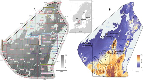 Figure 1. The mapped area in southern Sweden. (A) Map of the study area showing cited previous maps that include glacial geomorphology. A list of these references can be found in Table 1. (B) Locations of Figures 2–7 are shown with rectangles, ovals or points. The inset in the centre shows the map area as a red polygon in respect to Scandinavia and its surrounding.