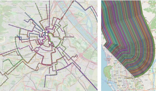 Figure 21. Left: Orthoradial map overlay of the Vienna tram network. Right: 171 rail lines tagged in OSM entering Zuoying station in Kaohsiung, Taiwan.