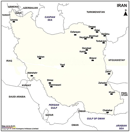 Figure 1. Map of collection sites of M. musculus in Iran. Black boxes are marked with the name of the cities where mice were captured in this study.