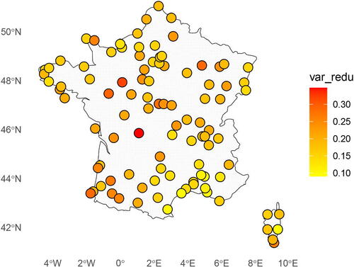 Fig. 4 Heatmap of the variance reduction factor across 100 stations.