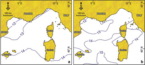 Figure 3. Surface isotherms of February in the Ligurian Sea. (a) Climatological means from the historical dataset 1906–1985. (b) Means for 1985–2006. Redrawn and modified from Bianchi et al. (Citation2012).