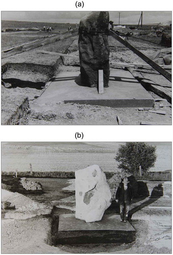 Fig. 2. a. One of the West Kennet Avenue megaliths being set in concrete. With the kind permission of the Alexander Keiller Museum. b. The concrete setting of one of the West Kennet Avenue megaliths. With the kind permission of the Alexander Keiller Museum.