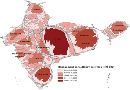 Figure 5. Spatial concentration patterns for management consultancy activities (NIC-702) industry across various districts in India.