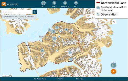 Figure 2. The extent of observations during 2023 March. Adapted from Varsom Regobs (Citationn.d.-b) and Øien Ørvoll (Citation2019).