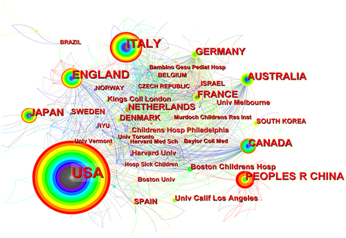 Figure 4 Network visualization of countries and institutions. The size of the colorful nodes represents the number of articles posted. The node connection lines represent the strength of the relationship between countries and institutions.