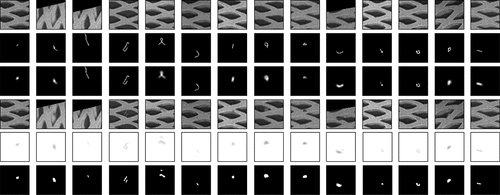 Figure 2. Stepwise injection of synthetic defects on fault-free image patches. The first image row shows the fault-free image patch to be manipulated. The second shows randomly generated defect skeletons. The third row shows the random textures created on this basis. The fourth row shows the query image with the injected artificial defect. The fifth shows the difference image between the query and its manipulated version. The sixth row shows the ground truth provided for the network training.
