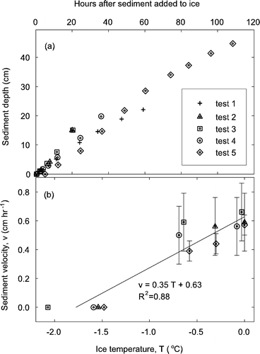 FIGURE 5 Laboratory measured (a) sediment depth (±0.7 cm) versus time, and (b) absolute sediment melt velocity versus ice temperature. Sediment depth is measured from the original ice surface. Ice temperatures shown are at the depth of the sediment.