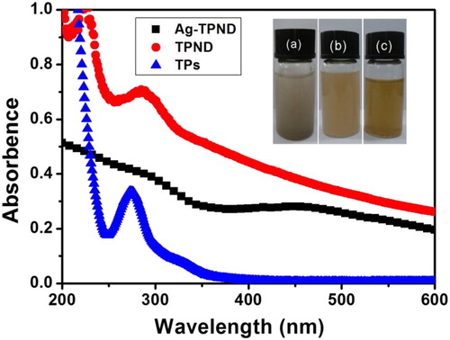 Figure 3. UV–Vis spectra of ND (▴), TPND (●) and Ag-TPND hybrid (▪) in water. The inset shows the water dispersibility of (a) pristine ND, (b) TPND and (c) Ag-TPND hybrid.