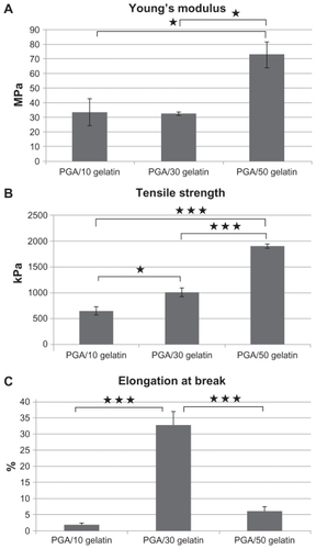 Figure 3 (A) Young’s modulus of PGA/gelatin scaffolds, mean ± standard deviation (n = 3), (B) tensile strength of PGA/gelatin scaffolds, mean ± standard deviation (n = 3), and (C) elongation at break of PGA/gelatin scaffolds, mean ± standard deviation (n = 3).Notes: *P < 0.05; ***P < 0.001, significantly different compared with the previous group.Abbreviation: PGA, polyglycolic acid.