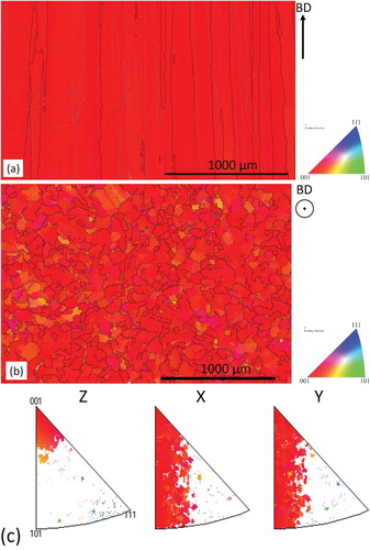 Figure 4. EBSD invers pole figure colour maps from hatch region: (a) parallel to the build direction (BD), (b) normal to the build direction (BD), inverse pole figure maps for the EBSD image in (b).