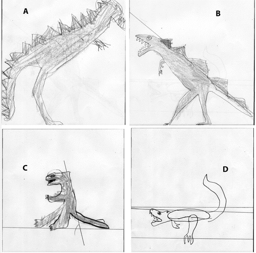 FIGURE 7: Drawings by precollege students visiting the Museum of the Earth in response to a request to “Draw a picture of Tyrannosaurus rex .”
