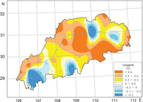 Figure 3. Annual temperature anomalies in 2018 for the TGR (units: °C) with respect to the period 1981–2010.