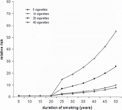 Figure 2. Relative risk of lung cancer in female population in relation to duration and daily number of smoked cigarettes, model-based values on European study [Citation19].