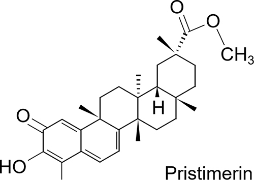 Figure 1 Chemical structure of pristimerin.The structure of pristimerin includes (20a)-3-hydroxy-2-oxo-24-nor-friedela-1(10),3,5,7tetraen-carboxylic acid-(29)-methylester, molecular formula: C30H40O4.