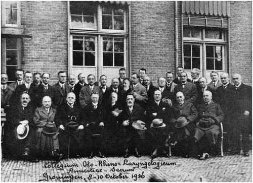 Figure 2. Foundation meeting in Groningen, 9–11 October 1926. Front row, L to R: Barraud, Barany, Voss, Zwaardemaker, Burger, Mouret, Portmann, Gray, Marshik, standing on the right: Benjamins. Source: Archives of the Collegium.