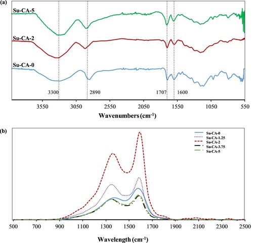 Figure 5. (a) FTIR spectra of Su-CA-0, Su-CA-2, and Su-CA-5. (b) Raman spectra of CMSs in the range of 500–2500 cm−1.