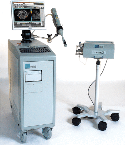 Figure 2. The Sonablate®500 mobile console, articulated Probe Arm, Probe, and Sonachill™ cooling unit (Courtesy of Focus Surgery, Inc.).