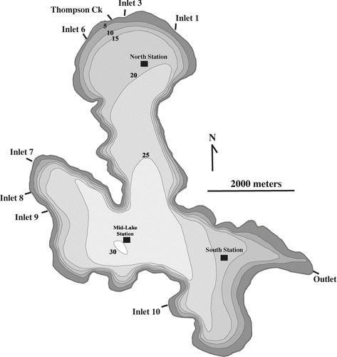 Figure 1 Bathymetric map of Newman Lake, Washington showing major stream and sample site locations. Depth contours are in feet (after CitationWolcott 1964).