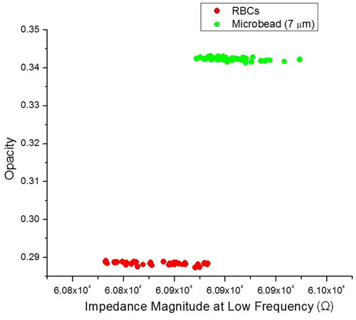 Figure 9. Scatter plot of opacity against impedance magnitude at low frequency (100 kHz) for a mixture of RBCs and 7 µm diameter microbeads. Opacity is defined as the ratio of the high-frequency to the low-frequency impedance, which indicates changes in the cell membrane and the independency of cell size.