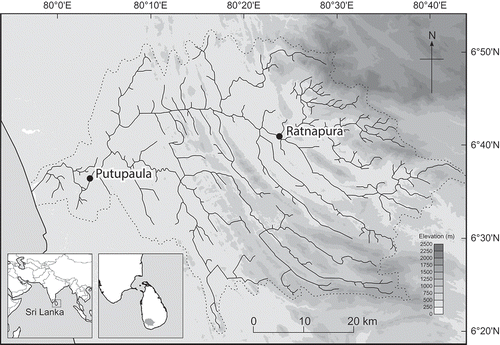 Figure 1. Location and elevation of the Kalu Ganga catchment, river, meteorological and hydrological stations and other noteworthy features.