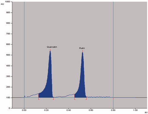 Figure 3. Chromatogram of biomarkers quercetin (Rf = 0.23; 800 ng/spot) and rutin (Rf = 0.52; 800 ng/spot) at λ = 360 nm; mobile phase, acetonitrile:water (4:6, v/v).