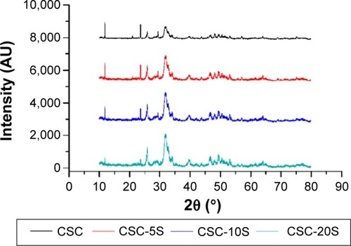 Figure 6 X-ray diffraction of the surface after 14-day immersion in simulated body fluid.Abbreviation: CSC, calcium sulfate cement.