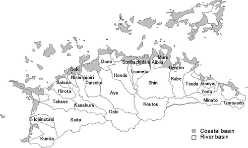 Figure 1 Study area consisting of 26 watersheds in Kagawa Prefecture. Inland solid lines are river watershed boundaries. White-colored areas surrounding inland solid lines are watersheds. The 26 named watersheds are the study areas. Gray-colored areas are coastal areas.