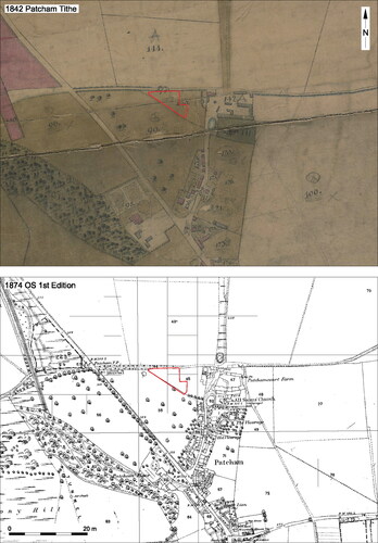 fig 2 The site’s location on historic maps. 1842 Patcham Tithe and 1874 Ordnance Survey 1st Edition.